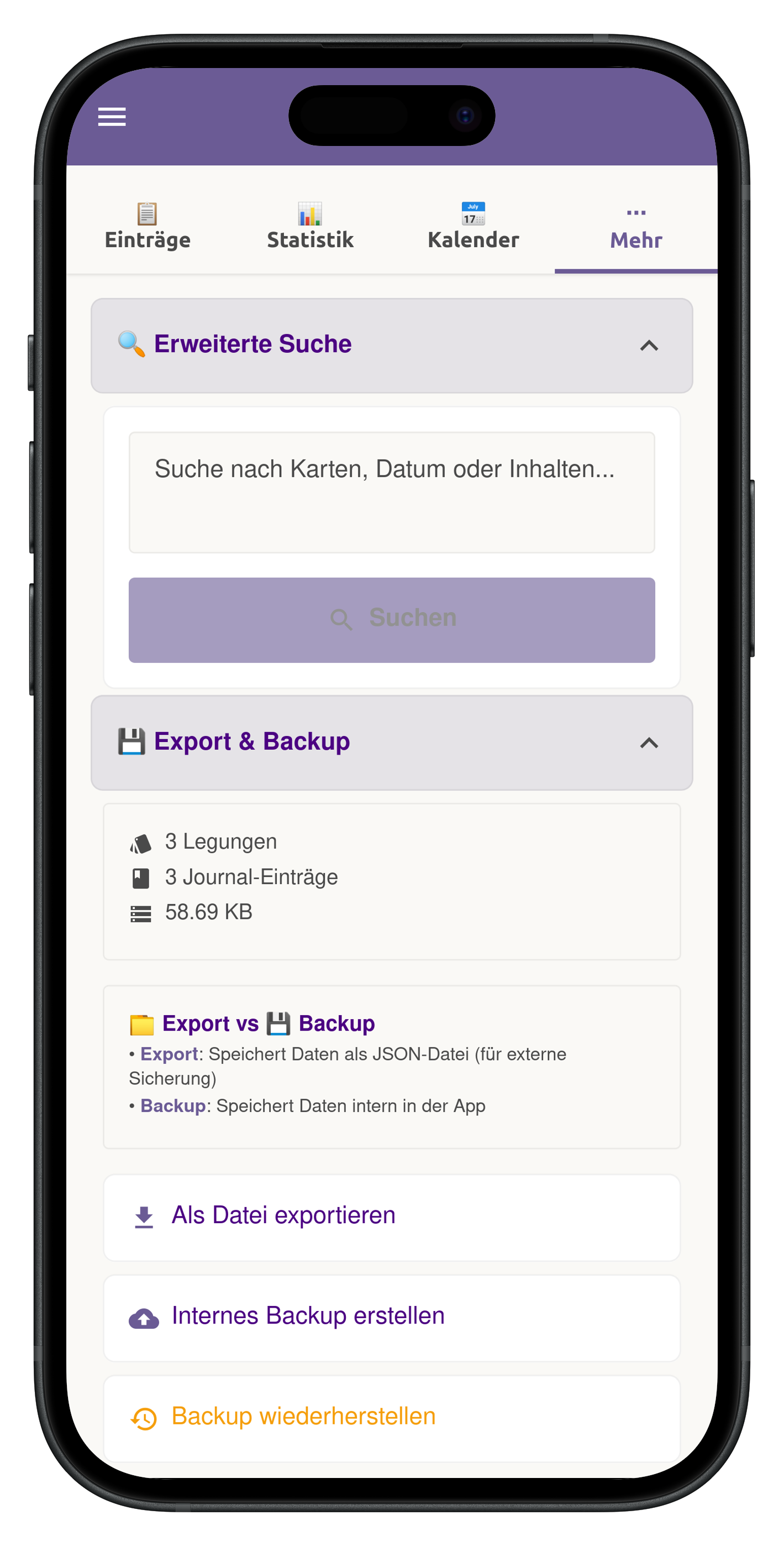 Export & Backup Funktionen